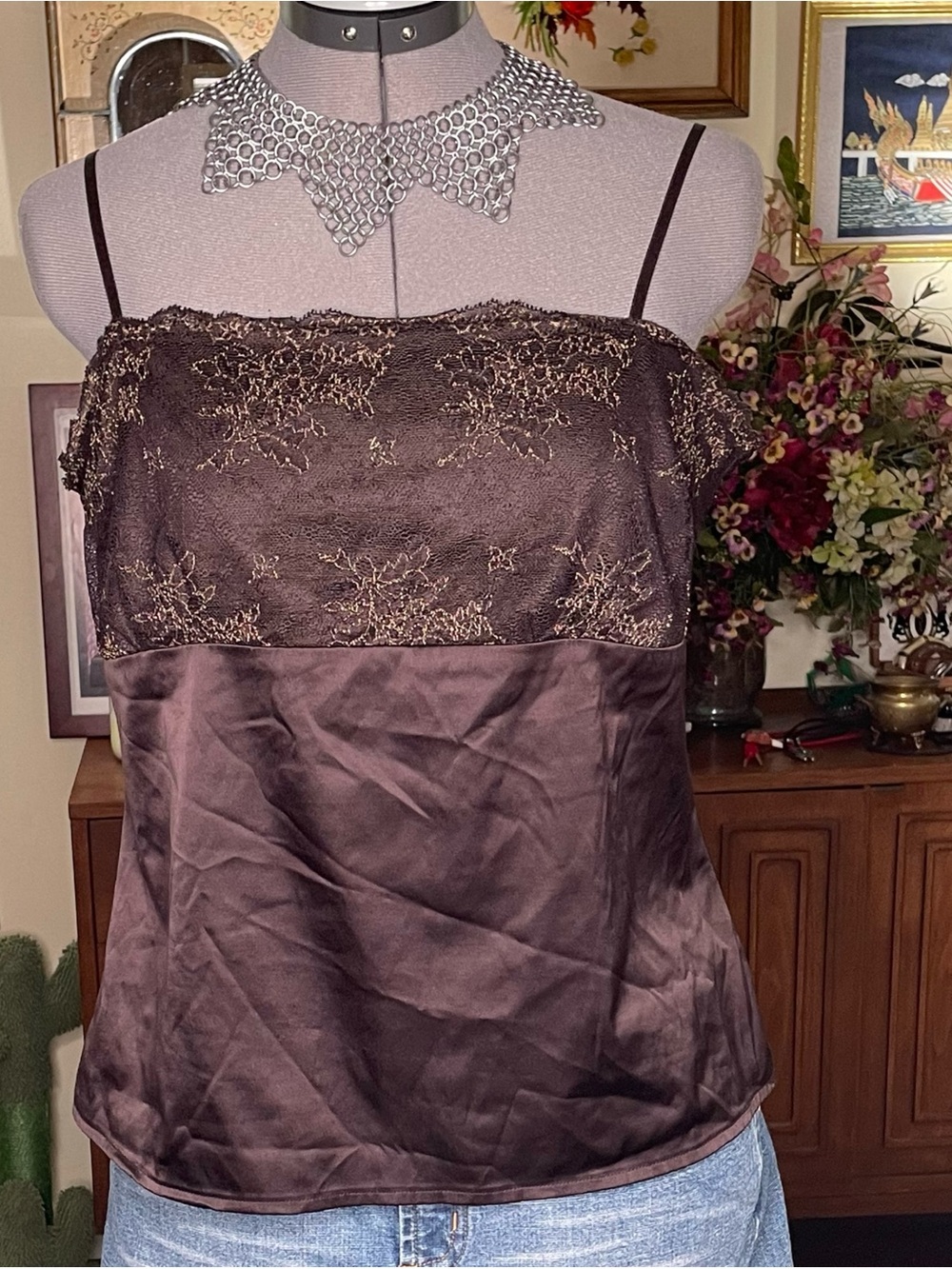 New York & Company Brown Satin Camisole with Gold Embroidery